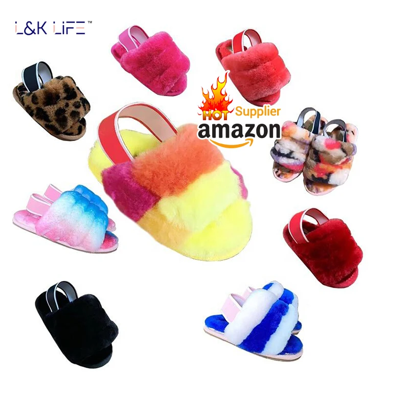 

Wholesale fur slides girls real fur sandals sheepskin children's casual shoes wool slippers for kids, Watermelon rainbow,rainbow,lighter rainbow,biege,gray,