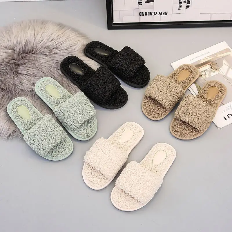 

Lamp Wool Women Slippers Cotton Korea Home Sandals Winter Warmer Cute Flip Flop Anti-Slip Slippers For Women, Black beige green coffee