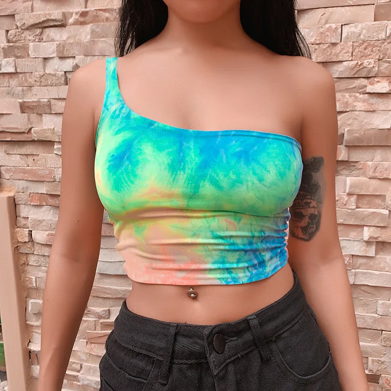 

Hot Sale Women Tank Top Contrast Tie-dye One Shoulder Strap Slim Halter Vest Tops In Bulk Gilet, As picture shown