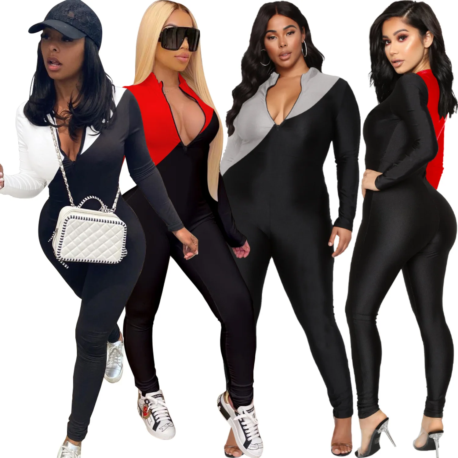 Trendying sexy color contrast fitness wear biker body suit one piece 2021 fall new design long sleeve women jumpsuit with zipper, Picture