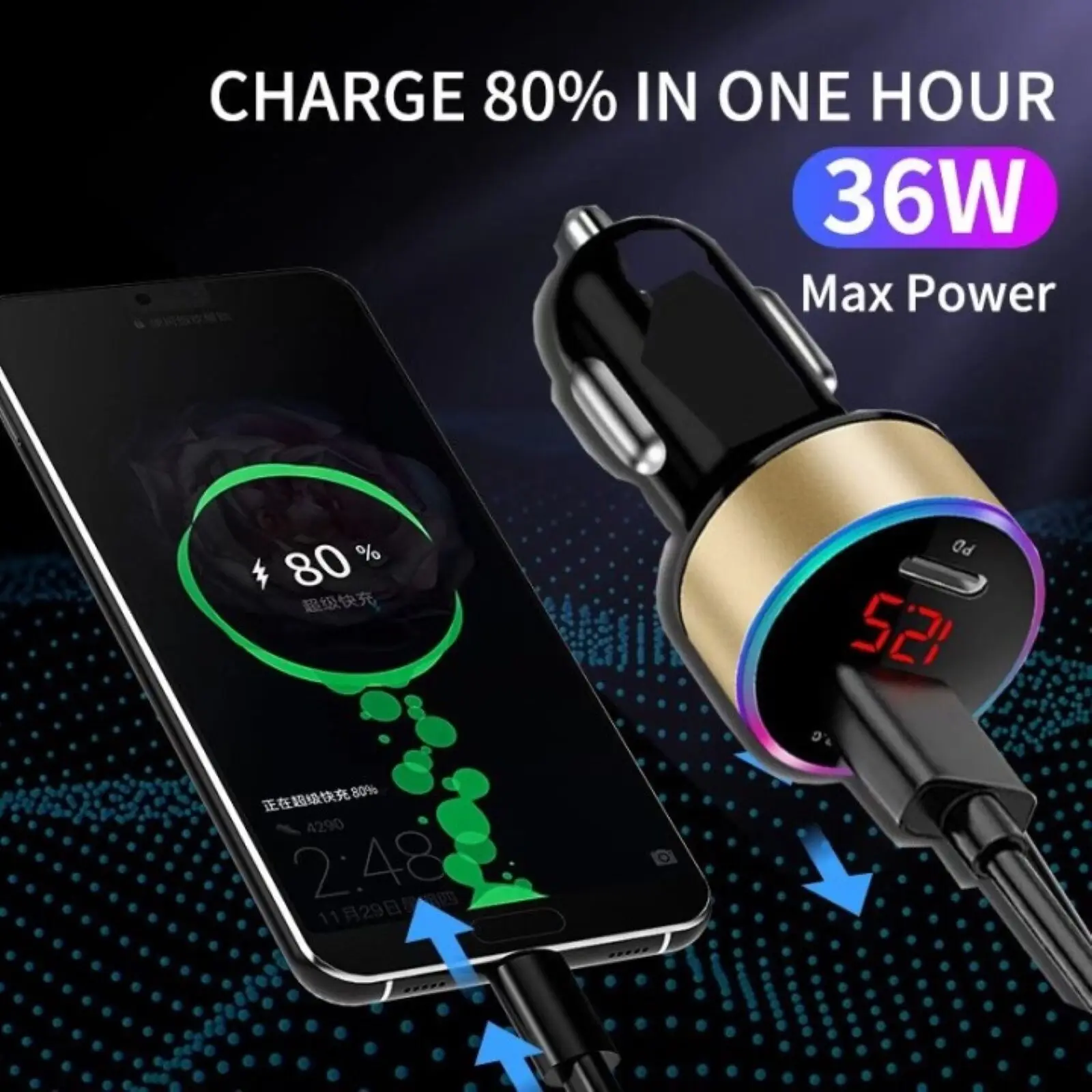 18W 3A USB Type-C Car Charger PD QC 3.0 Phone Charge Adapter