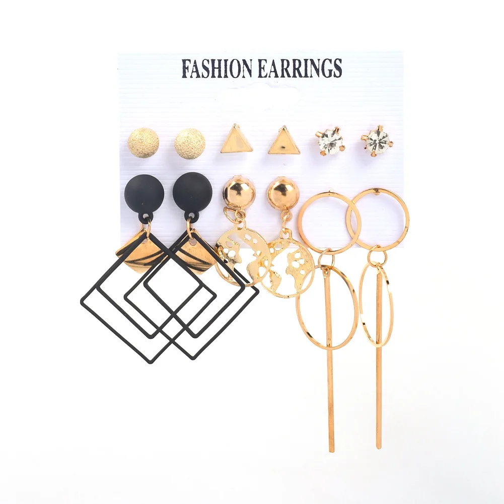 

Alloy diamond earrings for ladies 7BEADS hot sell tassel large pearl stud earring set geometric square circle earring jewelry