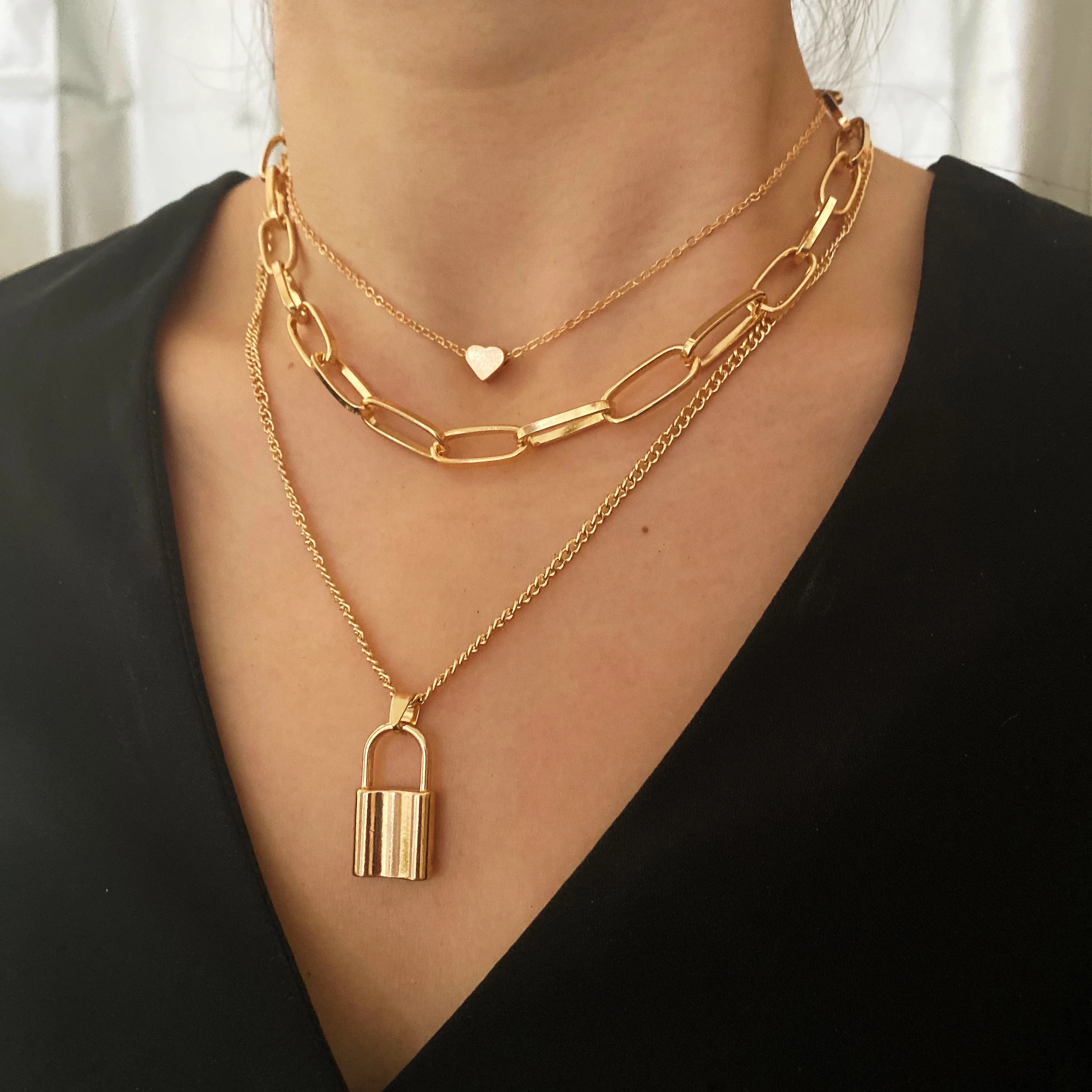 

Multilayer chain heart gold plated lock necklace for women, Picture
