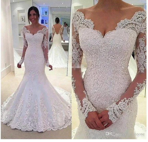 

Luxury Mermaid V Neckline Sequin White Color Brazilian Long Sleeve Lace Wedding Dresses