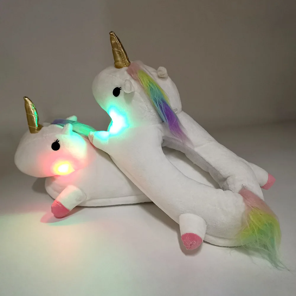

Superstarer Cute cartoon LED unicorn plush fur slide winter indoor light kids plush slides for women, Customized