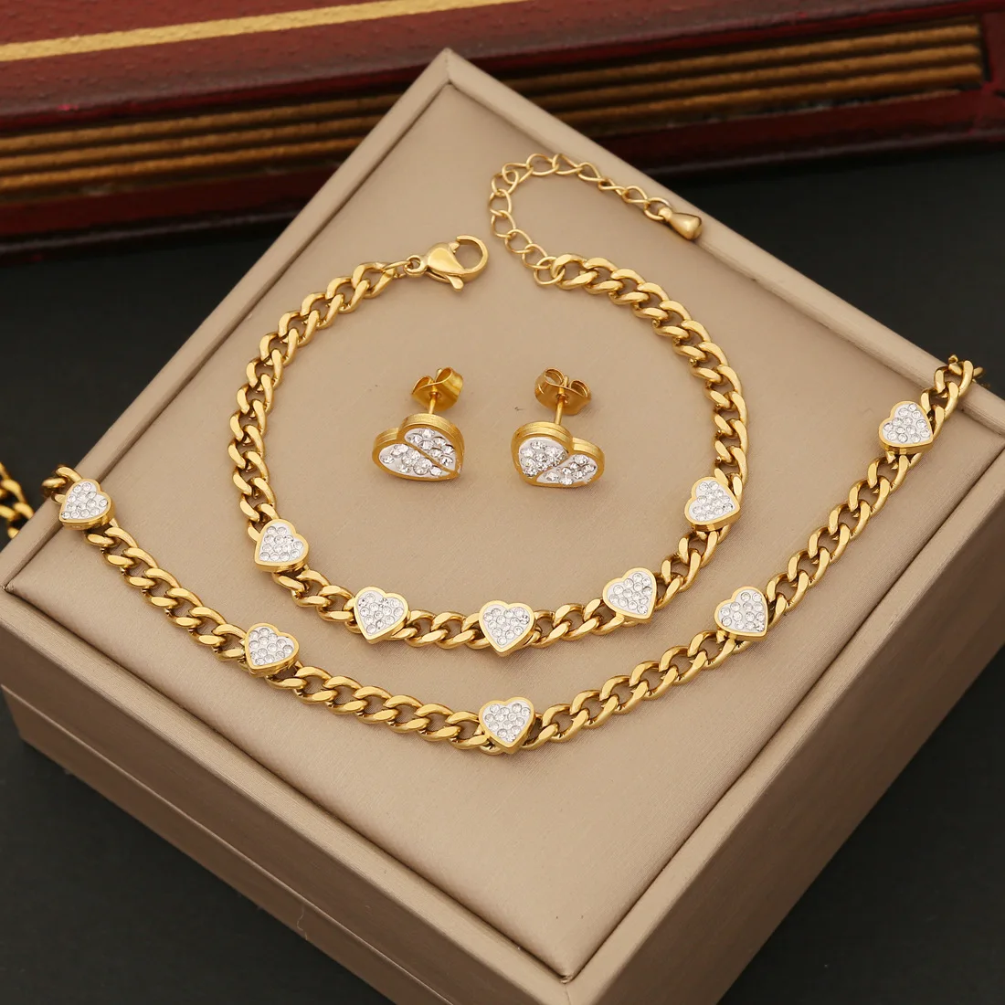 

Full Diamond Love Heart Necklace Bracelet and Earrings Fashion Stainless Steel Collar Chain Jewelry Set