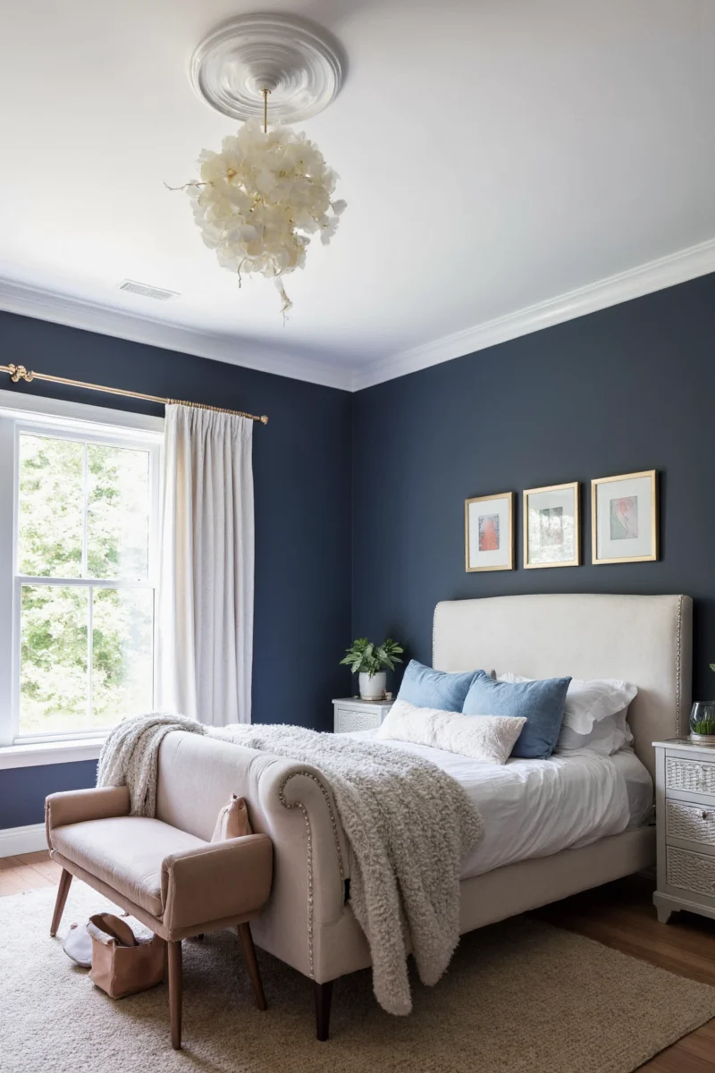 Dark green bedroom with soft bedding