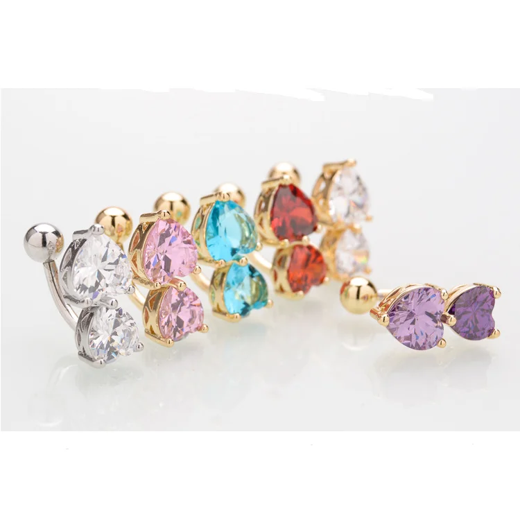 

Wholesale Two Hearts Crystal Bar Navel Ring Gold Body Piercing Jewelry Belly Button Ring for Woman