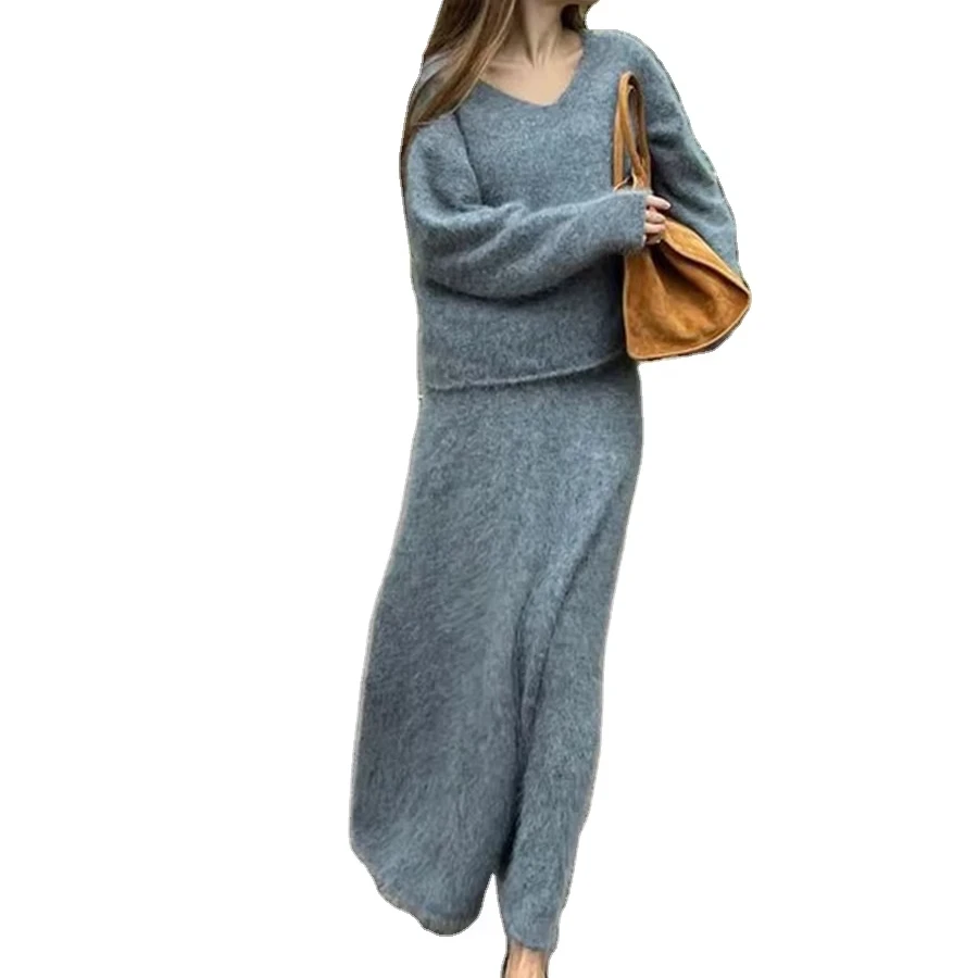 Women's Plus Size 2-Piece Loose Fit Knitted Autumn Clothing Set V-Neck Pullover Dress Skirt Breathable Winter Sweater-Wholesale