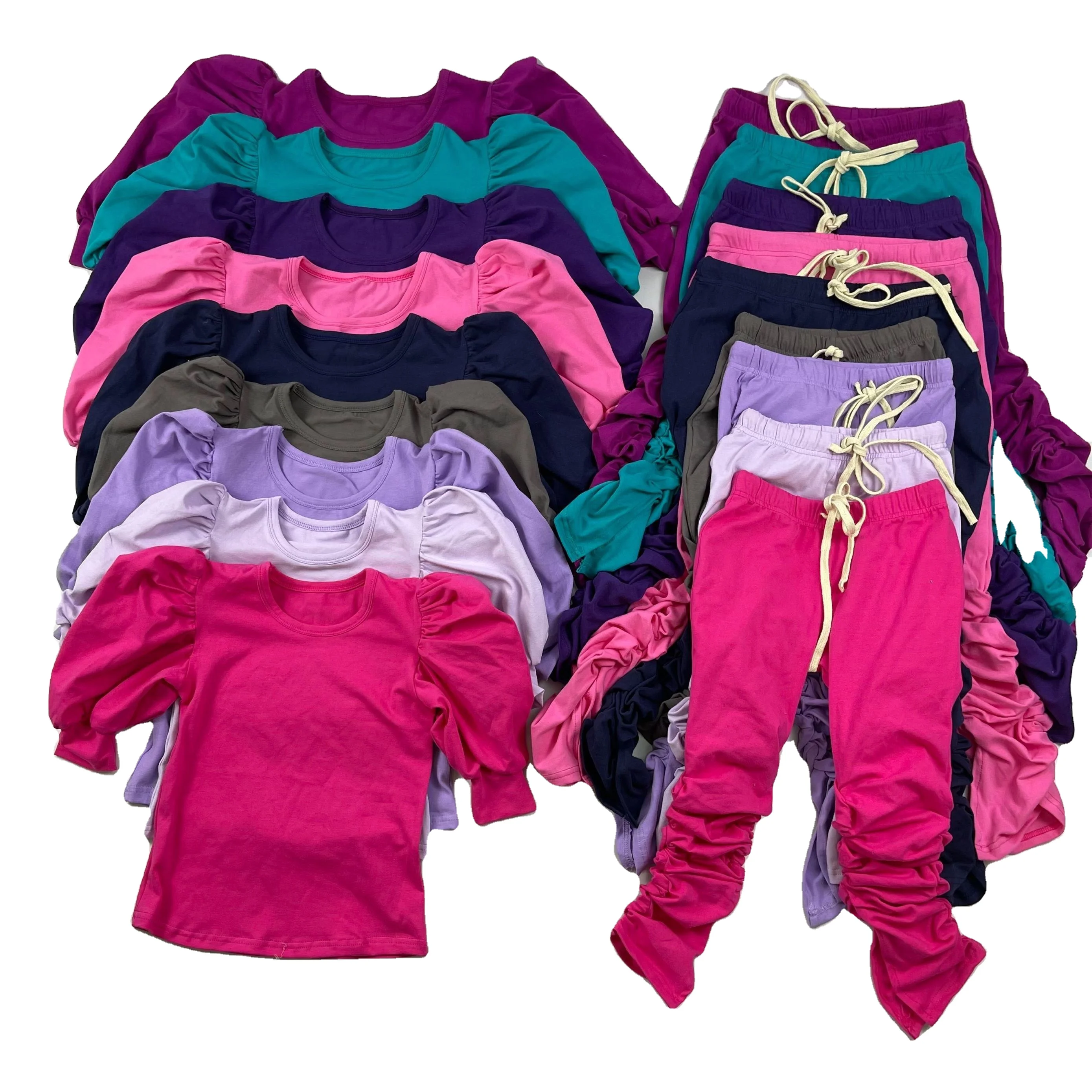 

QL2021 Wholesale casual Joggers Outfit solid cotton puffsleeve top + stack leggings sportswear outfits kid clothing, Picture