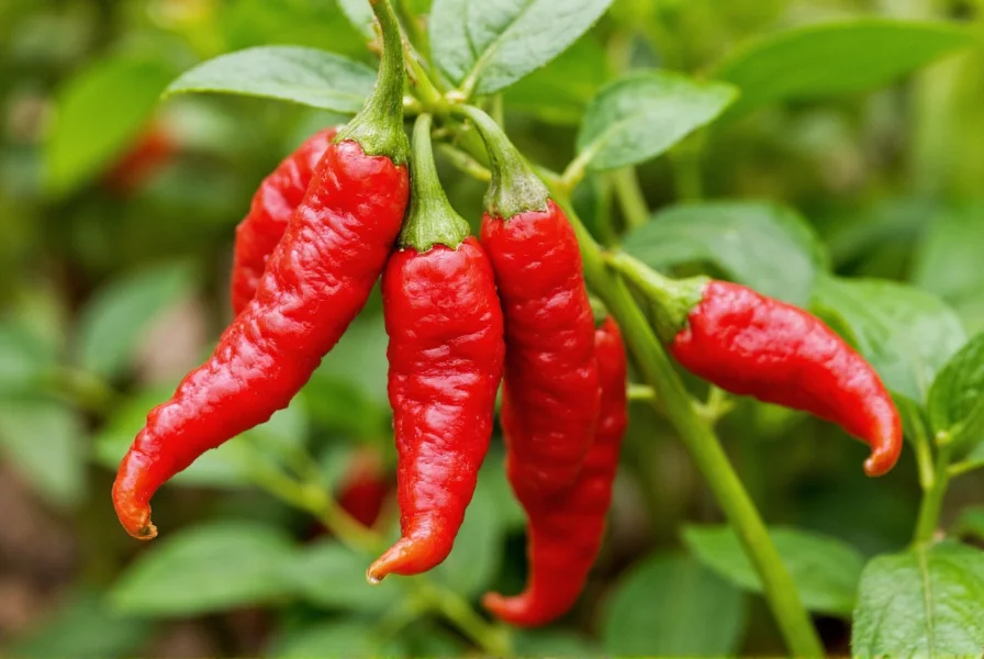 Close-up view of ripe red Trinidad Moruga Scorpion peppers growing on plant with characteristic bumpy texture and scorpion tail shape
