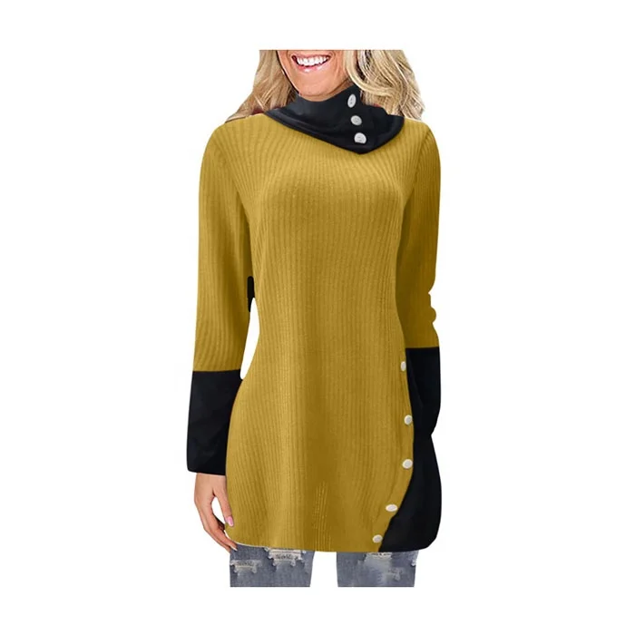 

Wholesale Hot Fashionable Style High Collar Button Patchwork Dress, Picture color
