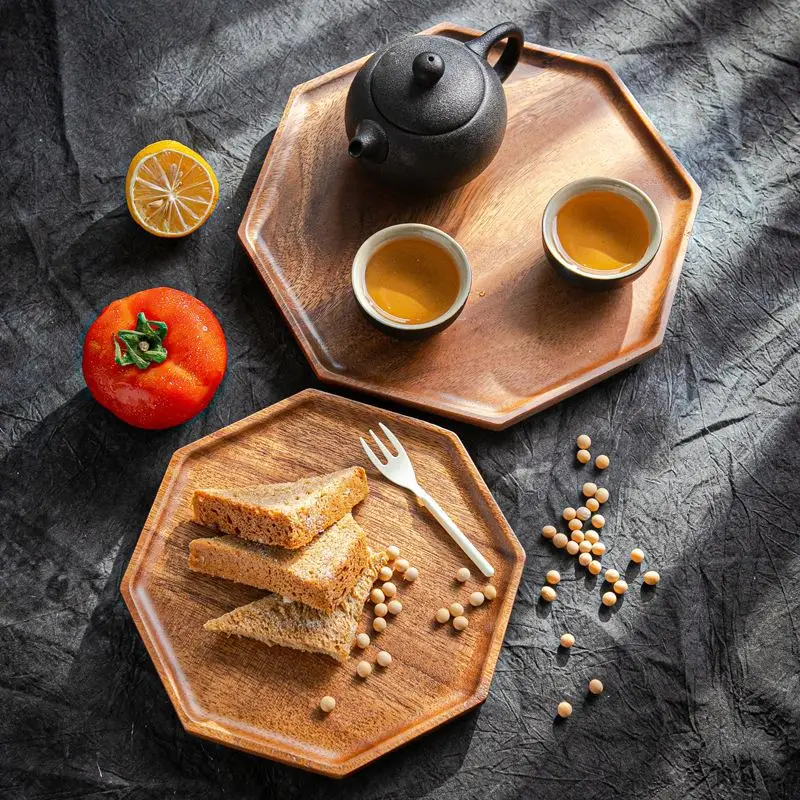 

Tea Walnut Tray Octagonal Wood Dish Bread Dim Sum Solid Fiber Wooden Plate, Wood color