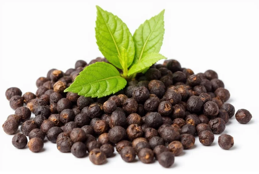 Close-up of black peppercorns on wooden spoon with pepper grinder