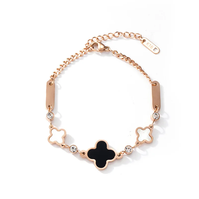 

Four leaf Clover Gold Stainless Steel Bracelet For Women White Black Shell Rose Gold Plated Fashion Bling Diamond Bracelet
