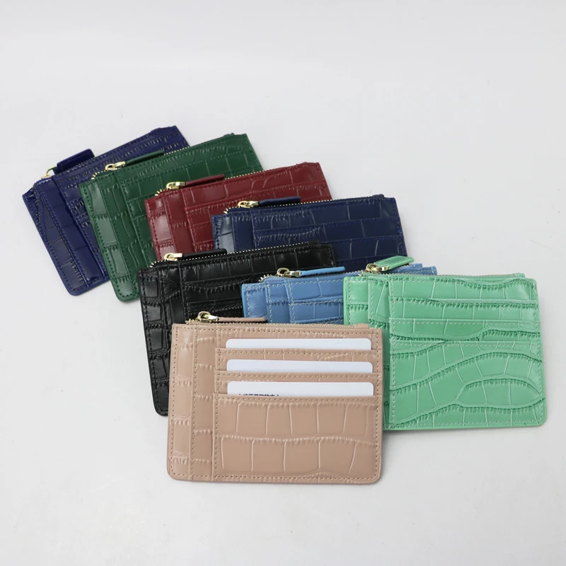 

Portable embossed crocodile genuine leather zipper business card holder case credit card holder wallet, Black ,blue, nude or custom