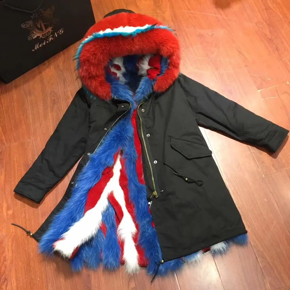 

Winter Noble Gorgeous European Wind Blue And Red Striped Genuine Fox Fur Long Parka With Hood For Women, Navy