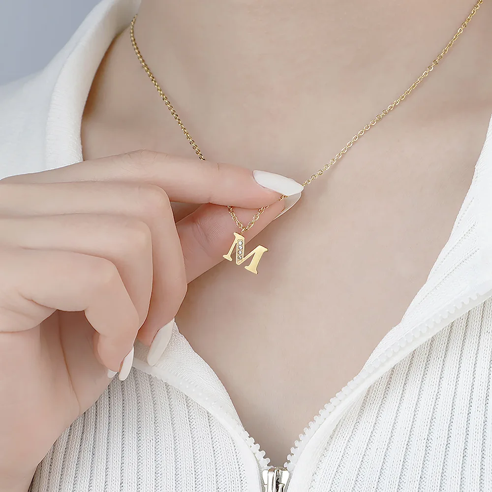 

Women Jewelry Stainless Steel Diamond Steel Color Alphabet Pendant Charm Letter Initial Necklace