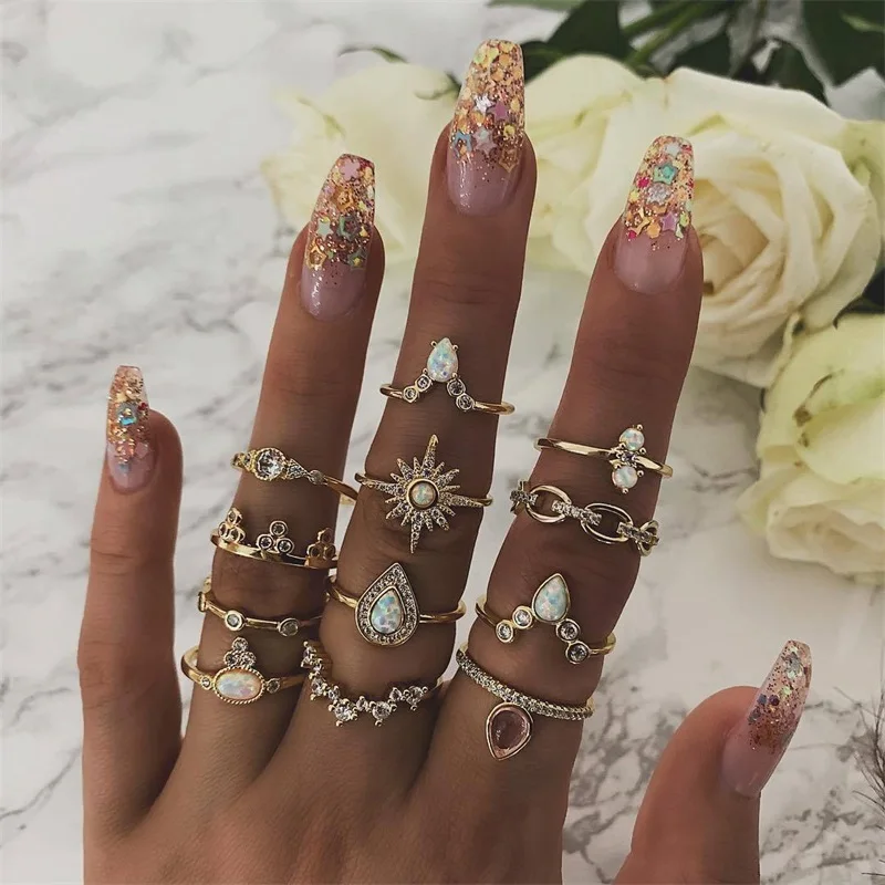

12 Pcs/Set Fashion European American hot style chain rhinestone ring set ring bracelet six pointed star joint ring set, Gold