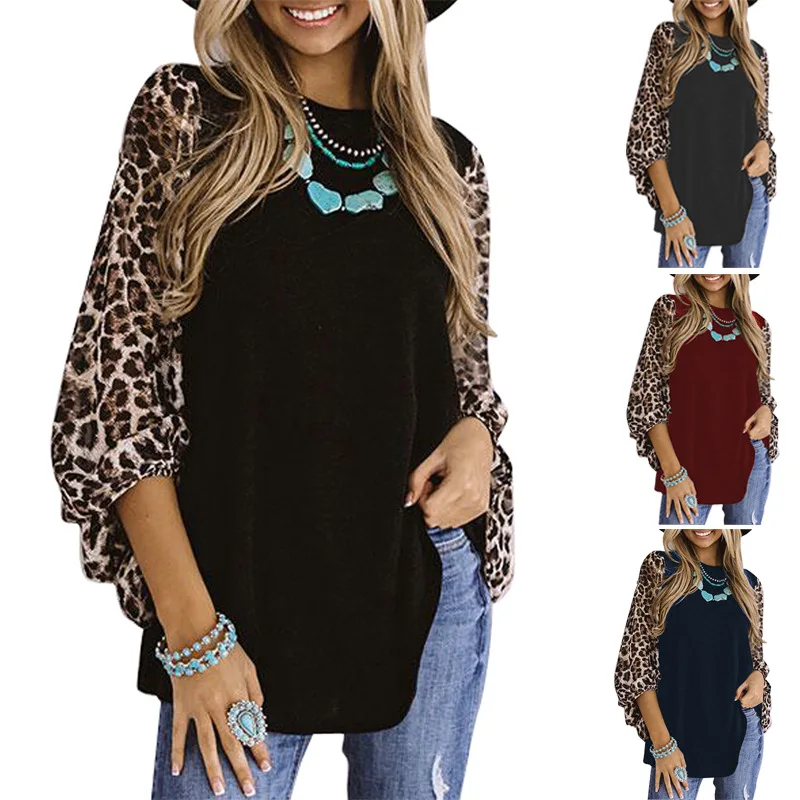 

WW-0198 Leopard Print Long Sleeve BlouseRound Neck T-shirt Dress Women Crew Neck T-shirt Long Top Sleeves Tees, Customized color