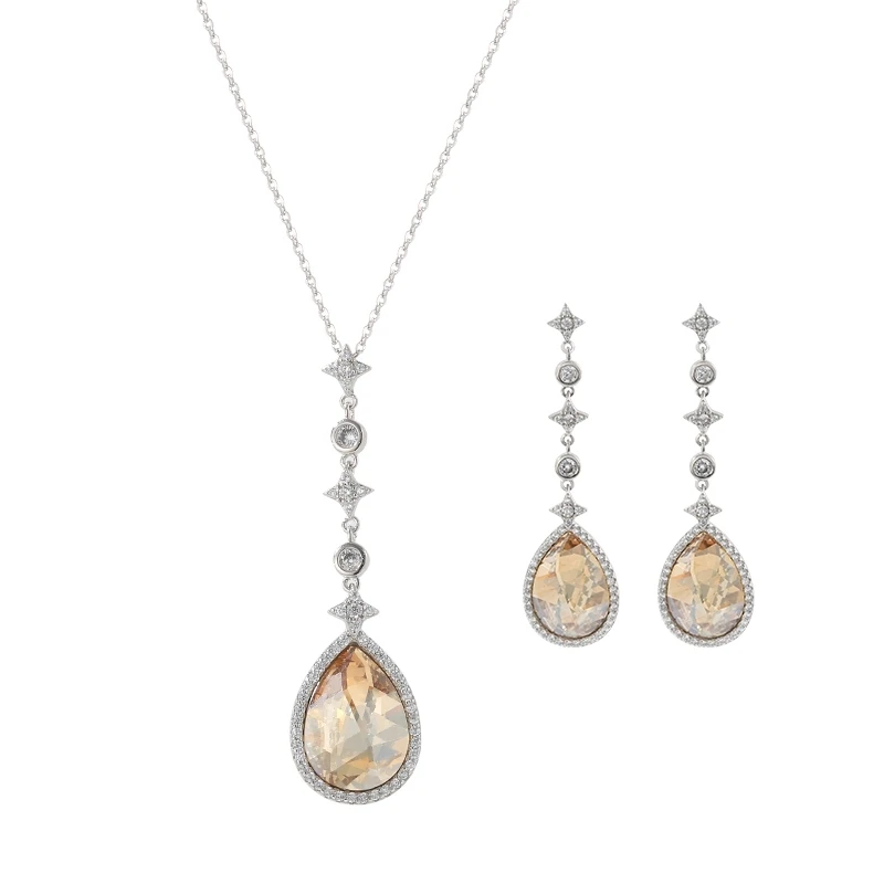 

Neoglory Platinum Plated Pear Crystal Shining Star Zircon Silver Long Pendant Jewelry Sets Girl Women, Champagne