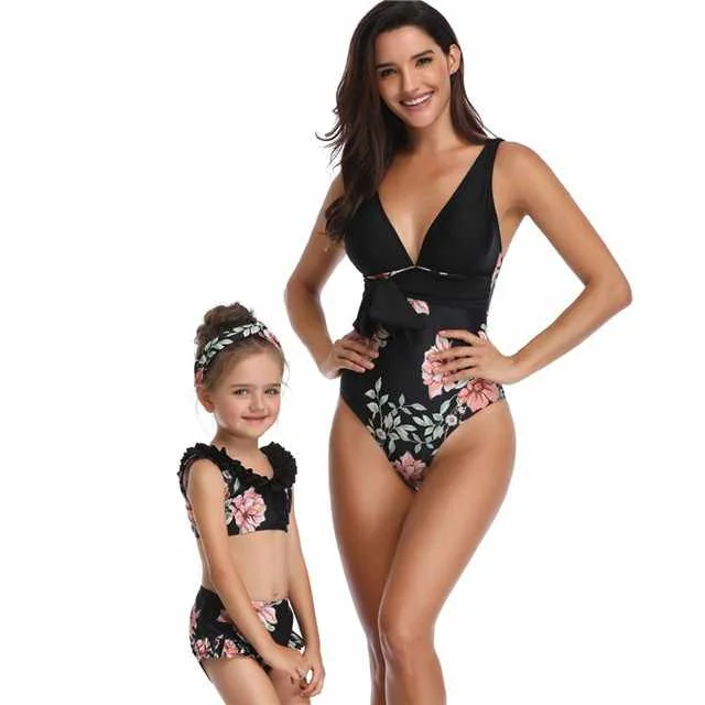

2021 New Mother Daughter Matching Clothing One Piece Swimwear Print Floral Swimsuit, Picture color