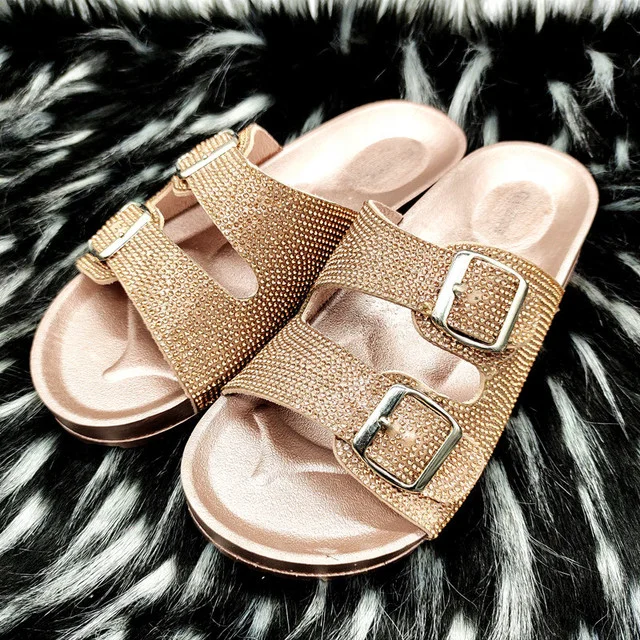 

LESLIDES Hot Sell Fashion Wholesale Crystal Women Slides Outdoor Indoor Comfortable PVC Glitter Strap Sandals Slides for Women, Black silver rose gold