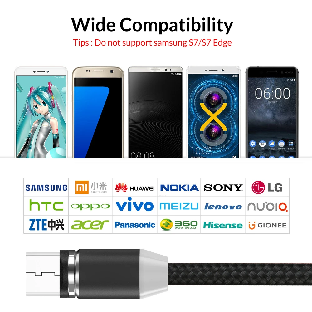 
Free Shipping Nylon Braided 360 Degree Rotatable 1M Led Magnetic Micro Usb Type C Charging Cable 