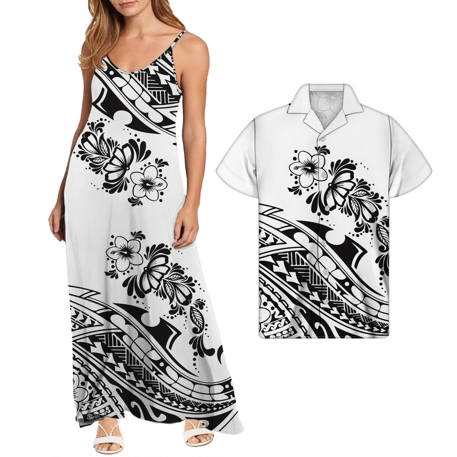 

Summer Hot Salling Polynesian Couple Set Elegant White Casual Dress Customized Vintage Style Dress Sexy Suspenders, Customized color