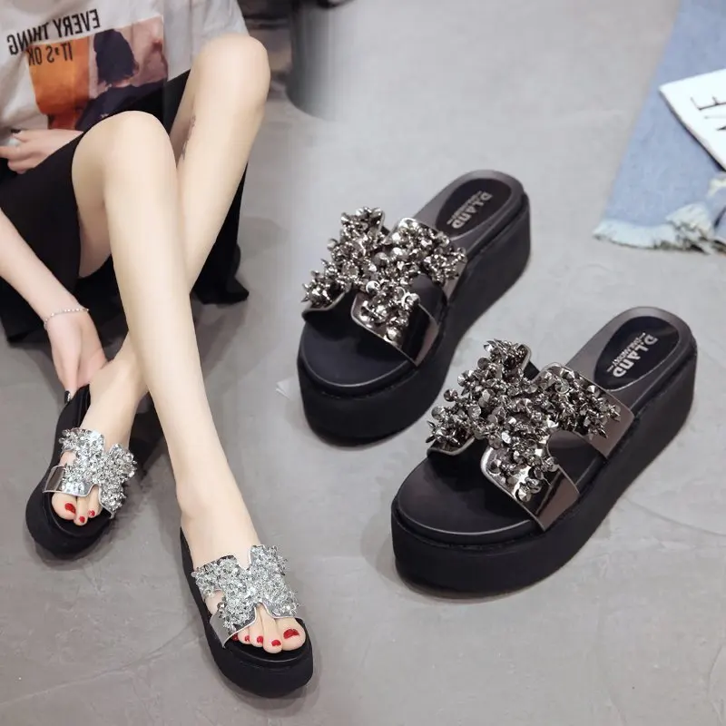 

Floral Light Gold Vine High Wedge Flip Flops With Rhinestone Pearl Accents Women Slipper Flat Sandals, Picture