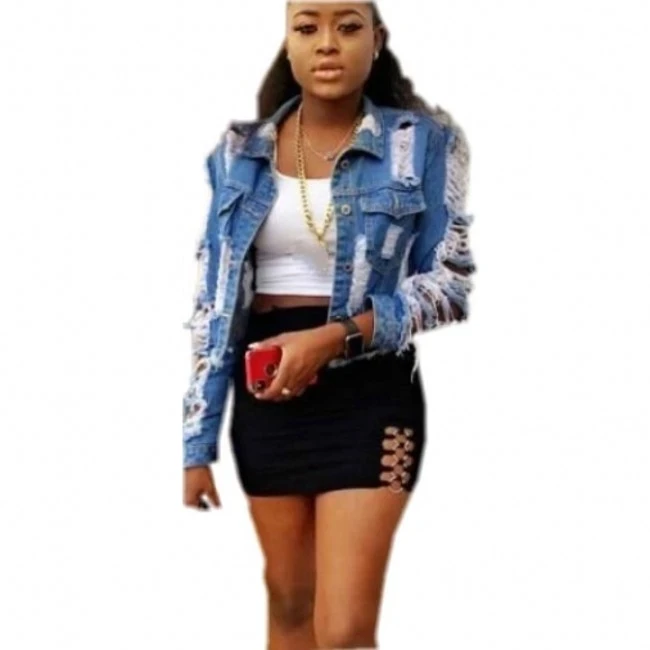 

2021 fashion Ladies Denim Jacket Women Coat Casual Ripped Holes Womens Jean Jackets Plus Size