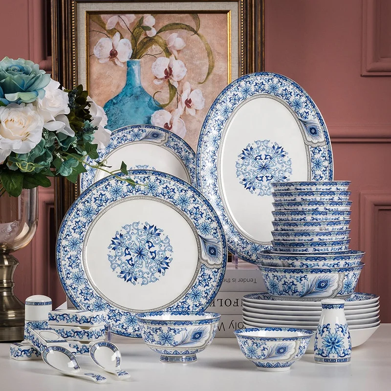 

60 Pcs European Simple Fengyu Classic Enamel Porcelain Dinnerware Sets, Decoration with liquid gold