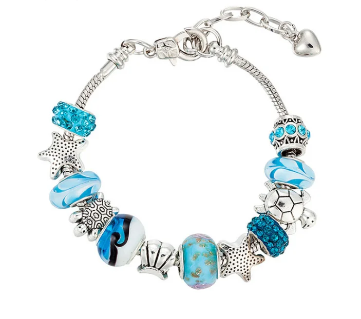 

Hot Sale Blue Glass Bead Ocean Series Bracelet Starfish Turtle Beaded Adjustable Bracelet For Women