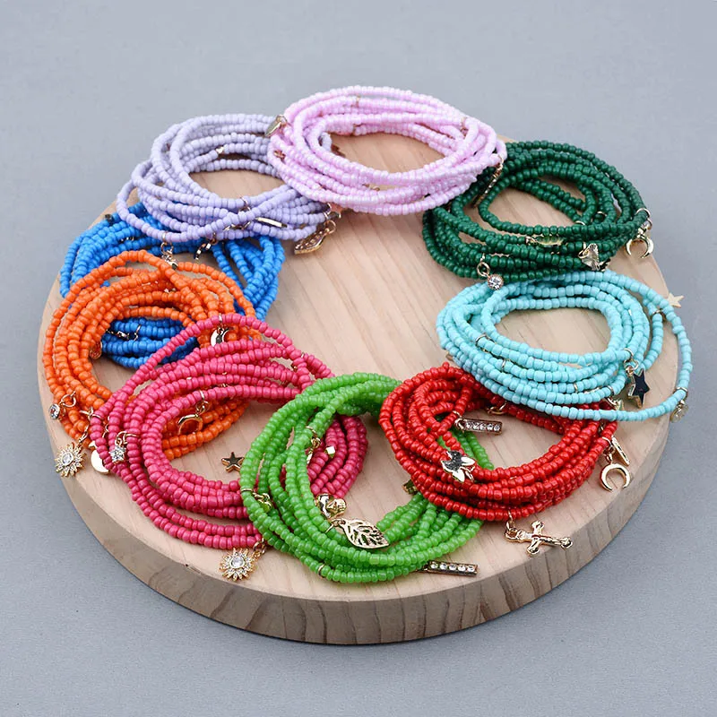 

wholesale Bohemian big weight loss body African glass seed waist belly beads beaded layer chain with charms