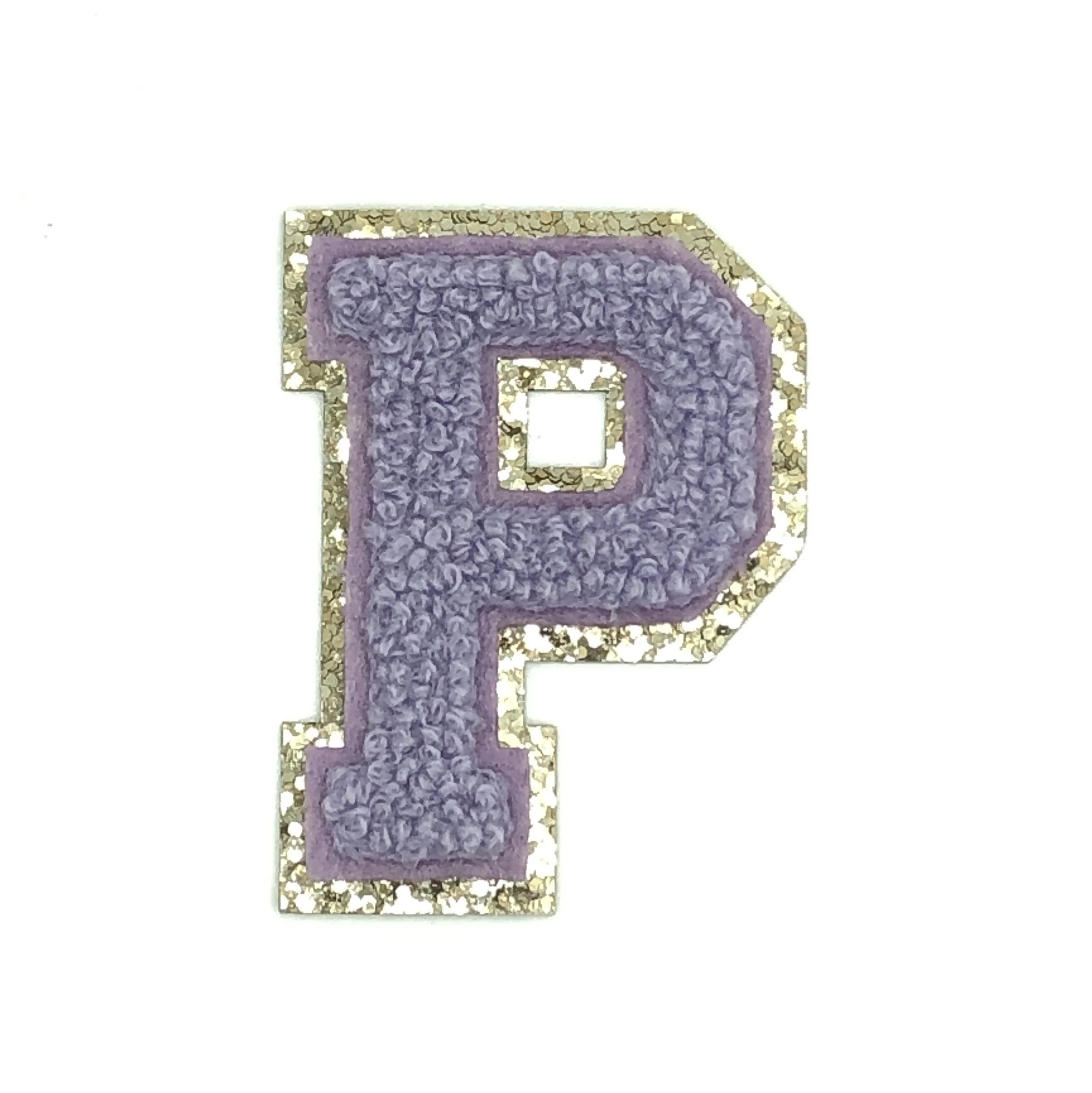 

Hot Sale Custom Varsity Purple Chenille Glitter Letter Patches For Pouches Embroidery Iron on Patches Chenille