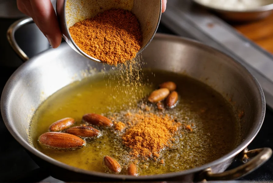 Traditional Indian cooking setup showing asafoetida powder being added to hot oil in a kadai with other whole spices