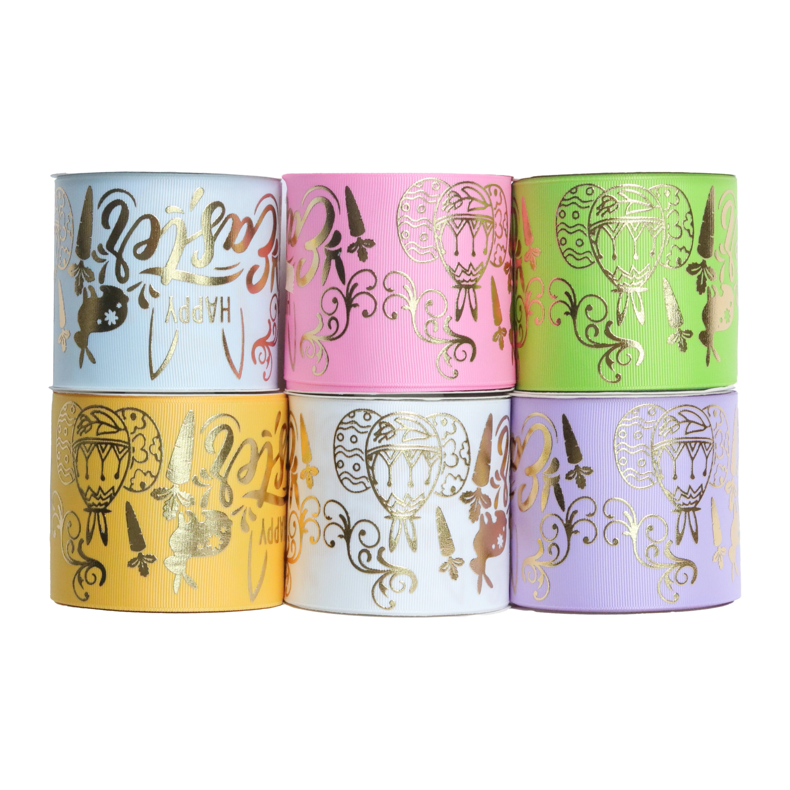 

RIMISRibbon 75mm Wholesale Easter Gold Foiled On Solid Grosgrain Printed Ribbon For Hair Crafts