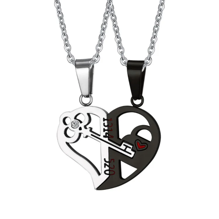 

Couple Necklace Pendant Love Heart CZ Puzzle Matching Two Halves Heart for Lovers Memorial Day Gift Paired Necklace, As picture