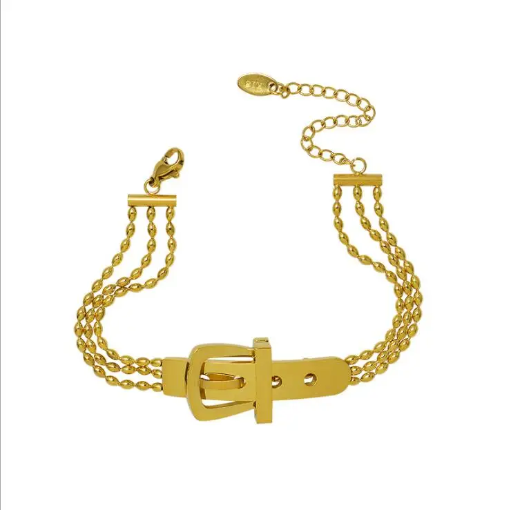 

High quality 18k gold plated jewelry women Wide narrow version Fashion belt buckle design strap Titanium steel bracelets, As shown