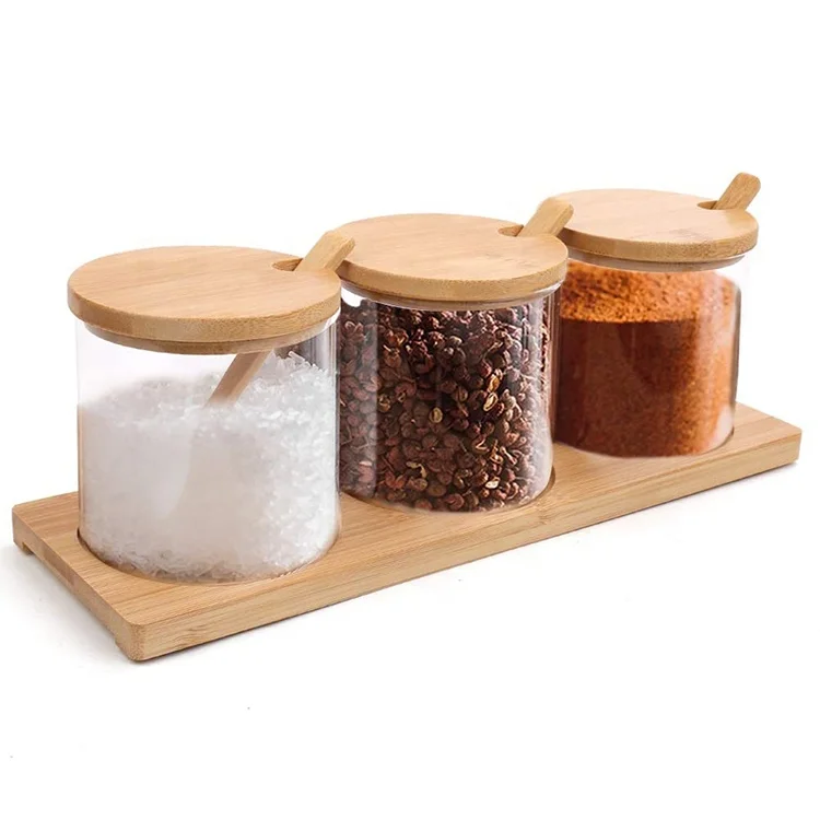 

Condiment Container Seasoning Box Pots 3pcs Spice Glass Jars Set with Bamboo Spoon Lid and Base, Transparent