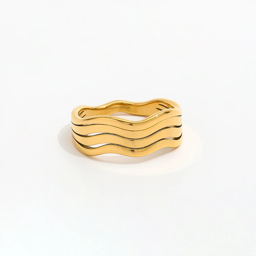 High End 18K PVD Gold Plated Multi Layer Lines Curve Rings Stainless Steel Women Rings Tarnish Free  Fashion Jewelry