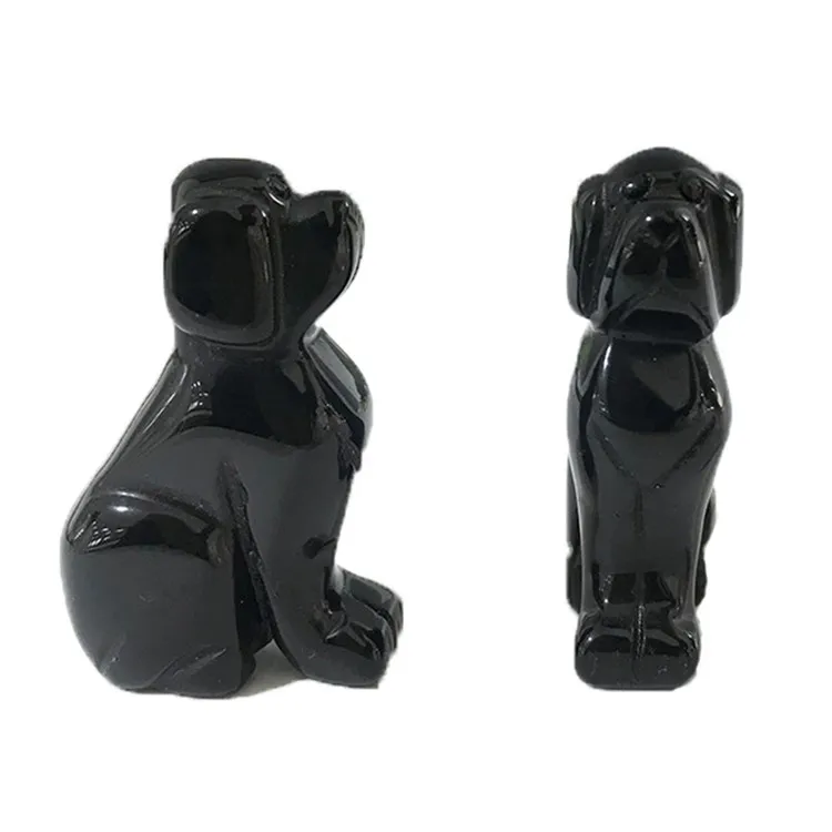 

Hand Carved Natural Gemstone Black Obsidian Quartz Dog Crystal Stone Statue Ornaments