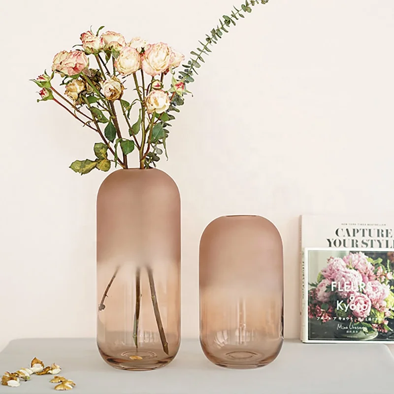 Nordic Pink Home Decoration Restaurant Table Dried Artificial Flower Frosted Glass Vase For Floral Arrangements