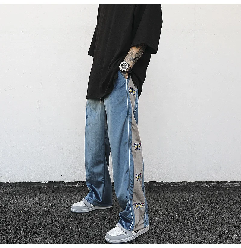 

OEM High Street Style Velvet flared pants men track stripe sports pants