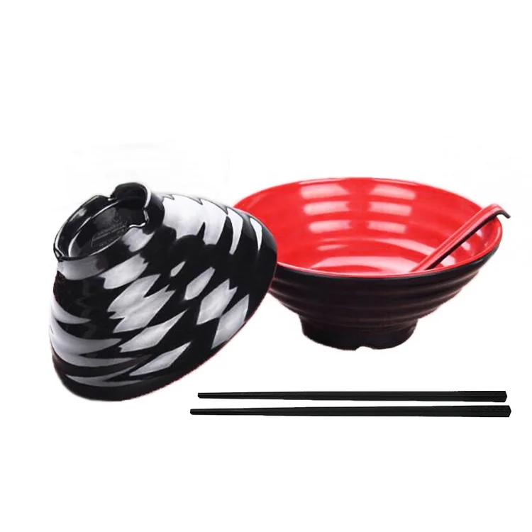 

New Japanese Style Plastic Bowls Black Red Melamine Soup Noodle Ramen Bowl with Spoon and Chopsticks, Customized