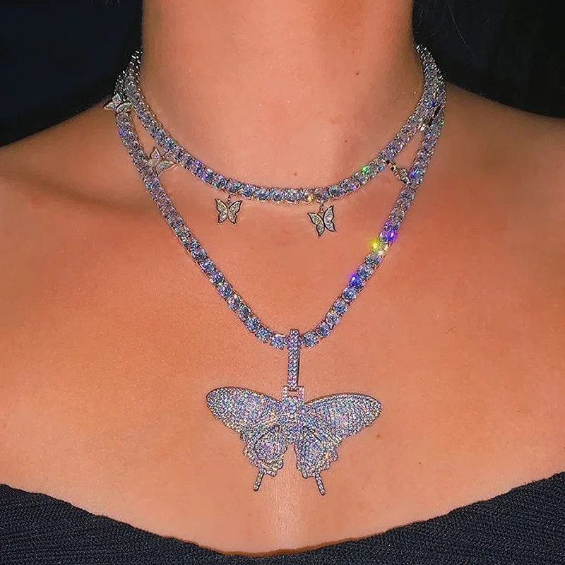 

2Pcs/Set Personality Hip Hop Jewelry For Women Iced Out Rhinestone Tennis Chain Choker Bling Crystal Butterfly Pendant Necklace, Gold,silver color