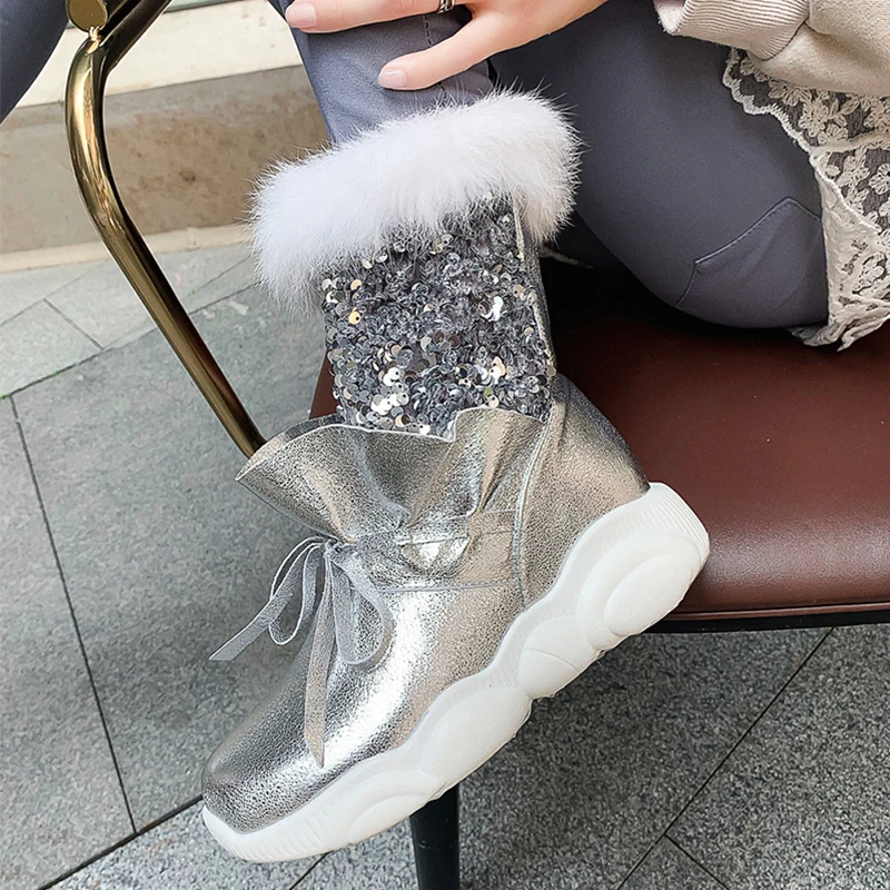 

Fashion Bling Booties Ladies Shining Silver Platform Ankle Boots Women 2020 Winter Warm Fur Shoes Woman