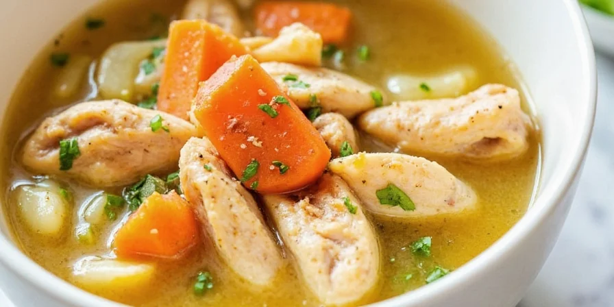 Final chicken soup dish with garnished herbs