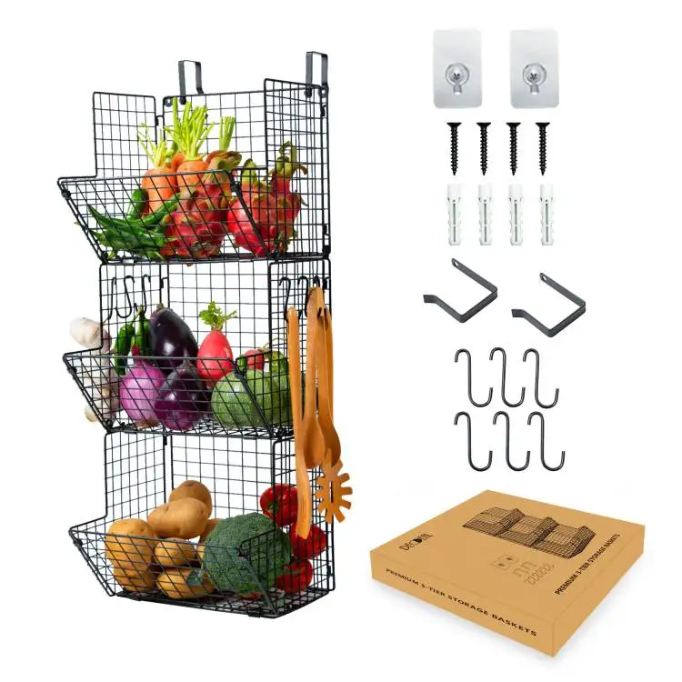 

3 Tier Iron Black Kitchen Fruit Hanging Shelves Metal Mesh Storage Wire Basket