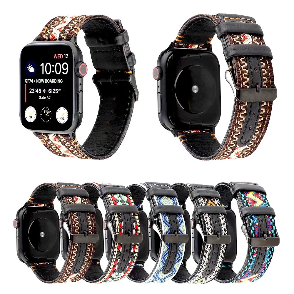 

Multicolor National Style Nylon Woven Replacement Wristband Leather strap for Apple watch bands Series 5 4 3 2 1, As shown as picture